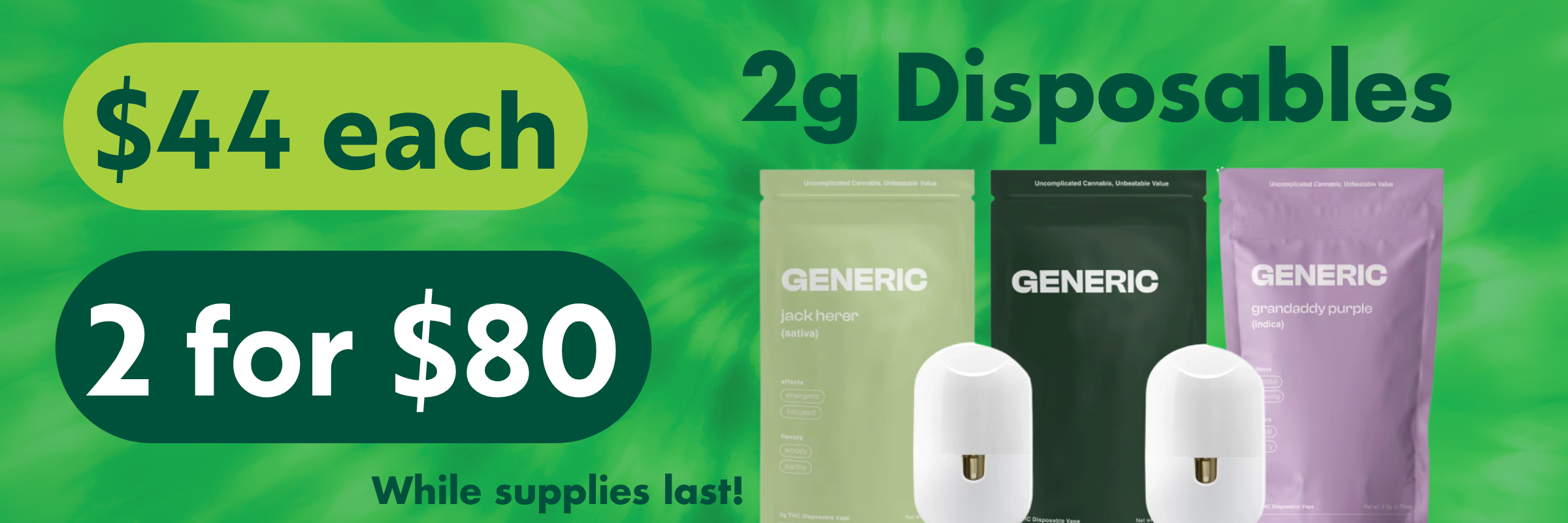 Bourbonnais, IL | Green Releaf Dispensary | Generic 2g Disposables $44 or 2 for $80
